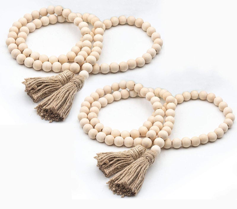 LSKYTOP 60 Inches Wood Bead Garland,Wooden Beads with Tassel,Farmhouse Beads Rustic Prayer Beads Boho Beads for Farmhouse Tiered Tray Coffee Table Mantel Decor (2 Pack) - Image 1